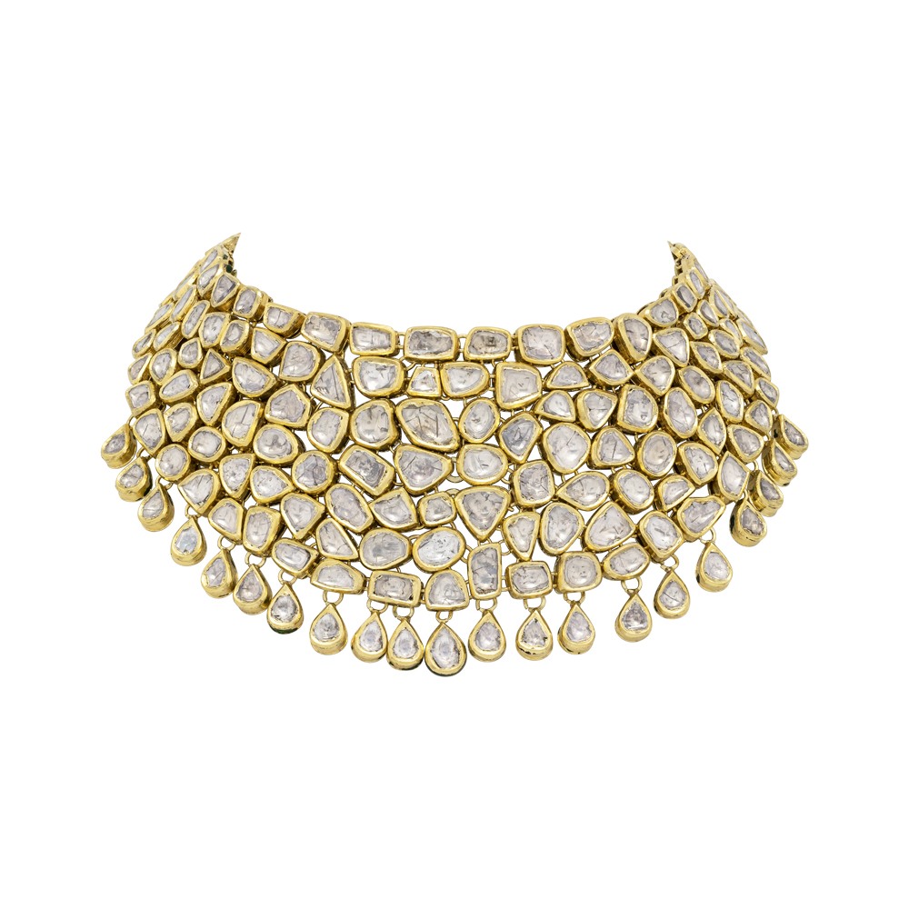 Regal Gold Choker Polki Cluster with Uncut Diamonds & Pear-Shaped Drops